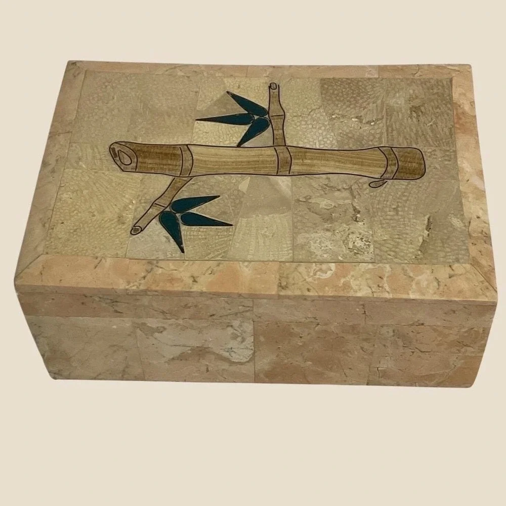 Vintage Inlaid Tessellated Stone Jewelry Box w/ Wooden Liner & Tray Bamboo Motif